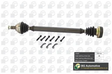 Полуось Fabia/Roomster 1.2-1.9 00-16 (36z/752mm) Пр. BGA DS9627R