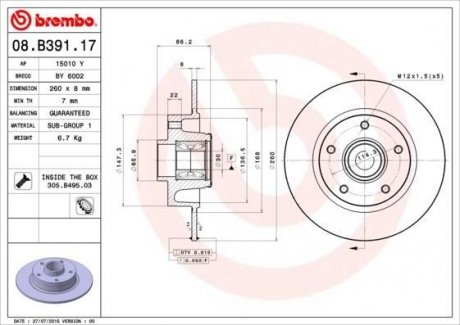 Гальмівний диск BREMBO 08.B391.17 (фото 1)