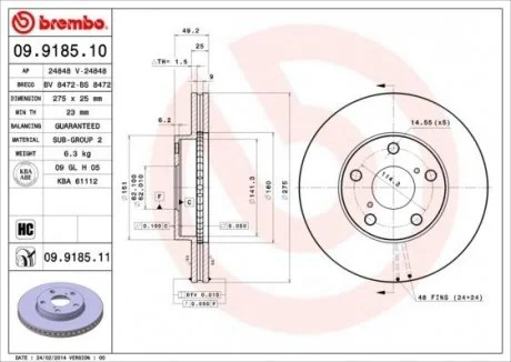 Тормозной диск вентилируемый BREMBO 09.9185.10 (фото 1)