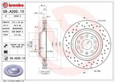 Фото 1 - диск гальмівний BREMBO 09.A200.1X Диск гальмівний BREMBO 09.A200.1X (фото 1)