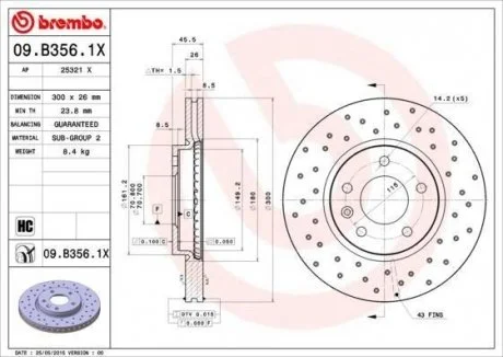 Гальмівний диск пер. Cruze 09-/Aveo 11-/Astra J 09- (300x46mm)(1шт/уп) BREMBO 09.B356.1X