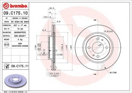 TARCZA HAMULC. CITROEN C-ZERO 10- PRZ?D BREMBO 09.C175.11 (фото 1)