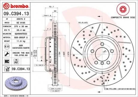 TARCZA HAMULC. BMW 3 F30 11- PRZ?D BREMBO 09.C394.13