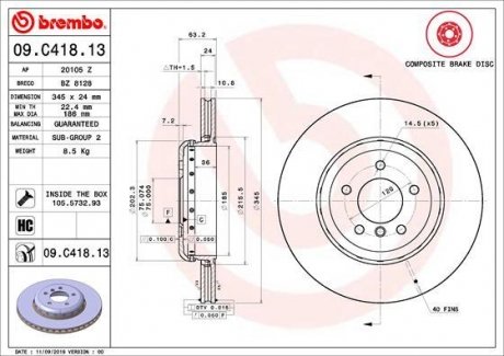 TARCZA HAMULC. BMW 5 E60 03-10 TY? BREMBO 09.C418.13 (фото 1)