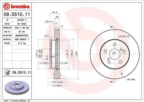 TARCZA HAMULC. TOYOTA PRIUS 15- PRZ?D BREMBO 09.D510.11