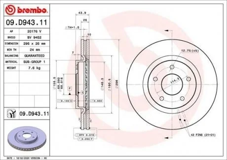 TARCZA HAMULC. RENAULT KOLEOS II 16- PRZ?D BREMBO 09.D943.11