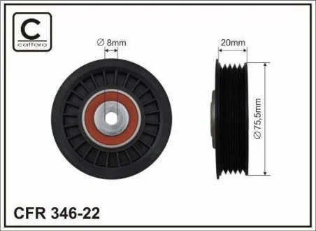 Ролик промежуточный поликлинового ремня Skoda Superb, VW Bora 1.9TDI/2.0TDI 12.98- 75,5x8x20 CAFFARO 346-22