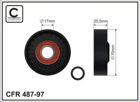 Ролик натяжной механизма поликлинового ремня Ford Focus, Volvo C30, S40, V50 2.4-2.5 06-12 70x17x20,5 CAFFARO 487-97