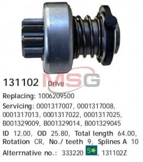 Бендекс стартера (Z=9) VW Golf; Passat 1.6D -88; Opel 1.6D CARGO 131102 (фото 1)