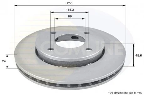 - Диск гальмівний вентильований з покриттям Mitsubishi Colt 04->12, Smart Forfour 04->06 Comline ADC0374V