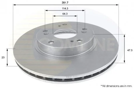 - Диск гальмівний вентильований з покриттям Honda Civic 01->, CR-V 01->06, FR-V 04->, Stepwgn 00->05, Stream 01-> Comline ADC0544V
