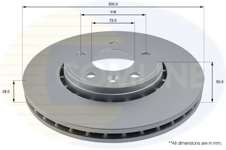 - Диск гальмівний вентильований з покриттям Nissan Primastar 01->, Opel Vivaro 01->, Renault Trafic 01->, Vauxhall Vivaro 01->14 Comline ADC1110V