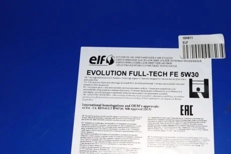 Масло моторное Evolution Full-Tech FE 5W-30 208л ELF 194811