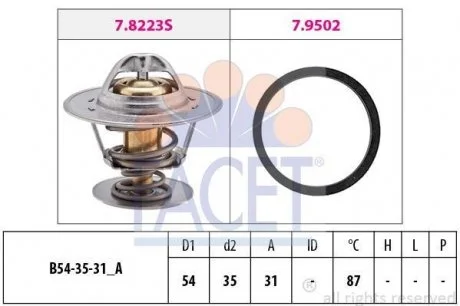 Термостат 87°С VW Polo,Golf,Jetta,Passat,Audi 80 1.6-1.9D 81-,A4,A6,T2 1.6-2.0D FACET 7.8278 (фото 1)