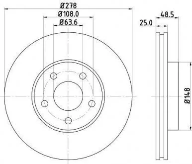 Диск тормозной перед. Ford Focus II 04-/ C-Max 03-/Volvo S40/V50 04- (278 X 25) HELLA 8DD 355 112-171