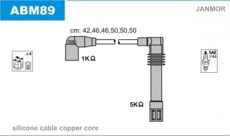 Провода высоковольтные, комплект AUDI A4/A6 2.4-2.8 V6 01.95-01.05;VW PASSAT 2. Janmor ABM89