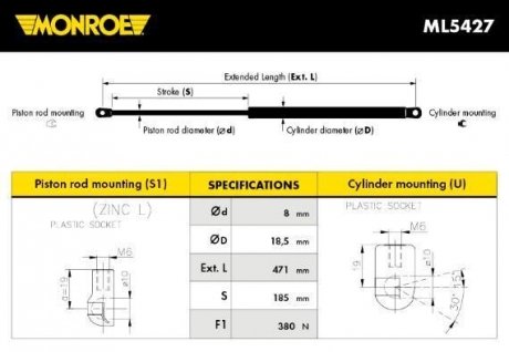 VOLVO Газовый амортизатор багажника XC90 10/02- MONROE ML5427 (фото 1)