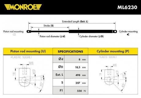 Газовая пружина, крышка багажник MONROE ML6230