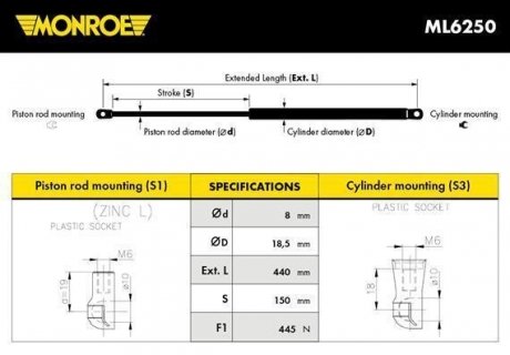 Газовая пружина, капот MONROE ML6250