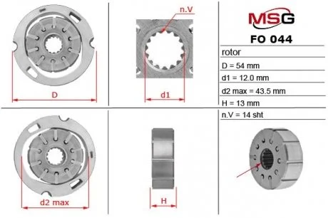 Ротор, статор и пластины насоса ГУР ALFA ROMEO,BMW,CITROEN,FIAT,FORD,INFINITI,IVECO,MAZDA,MITSUBISHI MSG FO044ROTOR