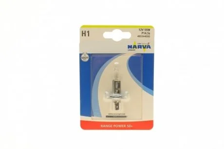 Лампа галогенная H1 12V 55W P14.5S RANGE POWER 50 NARVA 483344000
