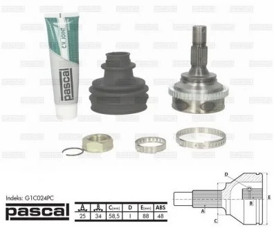 Шрус наружный Peugeot Partner 05- (25x34z) +ABS PASCAL G1C024PC