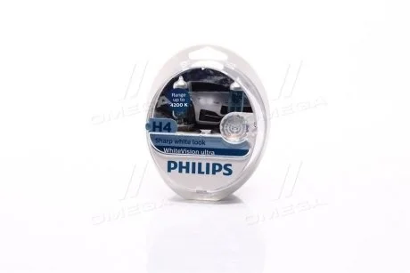 Лампа накаливания H4 12V 60/55W WhiteVision ULTRA +60 (4200K) (компл) PHILIPS 12342WVUSM
