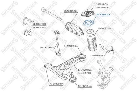 Підшипник опори амортизатора переднього Nissan E30/Juke/Note/Qashqai+2/Sentra/Tiida/X-trail 09> NISSAN MICRA III (K12), MICRA C+C III (K12), NOTE (E11, NE11)RENAULT CLIO II (BB_, CB_), CLIO III (BR0/1, CR0/1), CLIO III Grandtour (KR0/1_), KANGOO / STELLOX 2617038SX