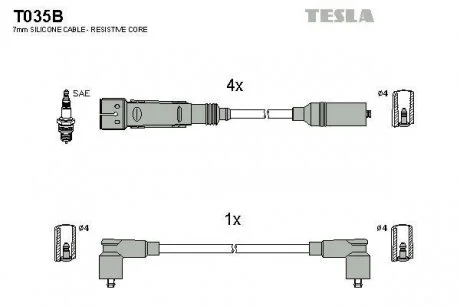 Кабель запалювання, к-кт WAG 84-92 1,6;1,8;2,0|SAE з'єднання свічки TESLA T035B