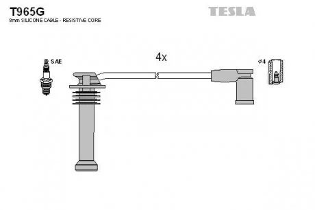 Кабель зажигания, к-кт Ford Fiesta 05- 2,0, Mondeo III 00- 1,8;2,0 TESLA T965G