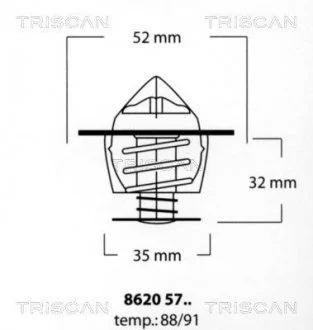 Термостат 92°C Ford Escort 1.8 i 16V 92-95/1.6 i 16V 95-99/Focus 2.0 i 16V 02-04/Mondeo 1.6 i 16V 93-96/Scorpio 2.9 i 24V 91-94 TRISCAN 86205791