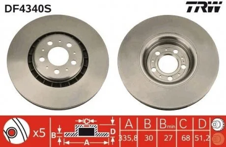 Диск тормозной, VOLVO, 2.5-3.2, D 5244 T5, 02-14 TRW DF4340S