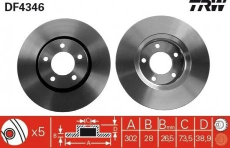 Диск тормозной (1 шт.).) CHRYSLER/DODGE Voyager/Caravan "F D=302mm "00-08 TRW DF4346