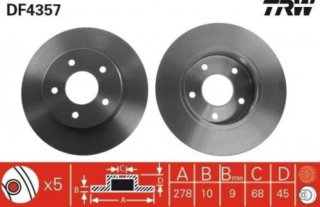 Диск тормозной (1 шт.).) NISSAN Almera Tino/Primera/Primera Estate/Wagon TRW DF4357