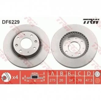 Диск тормозной (1 шт.) KIA Cerato \'\'F D=275mm "04>> TRW DF6229