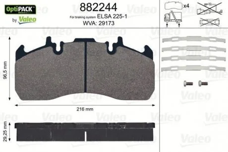 Колодки тормозные, с монтажным комплектом WVA 293173 Valeo 882244