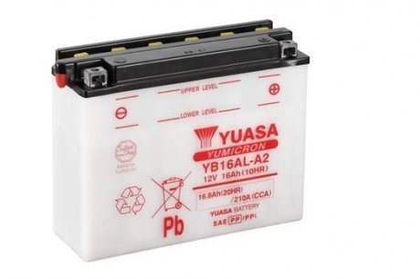 МОТО 12V 16,8Ah YuMicron Battery (сухозаряженный) Пусковой ток 210 (EN) Габариты 207х71х164 YUASA YB16AL-A2 (фото 1)