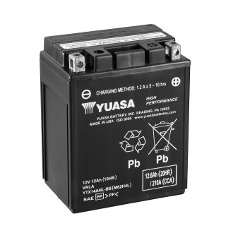 МОТО 12V 12,6Ah High Performance MF Battery AGM (сухозаряженный) Пусковой ток 210 (EN) Габариты 134х89х166. Полярность: -/+
Необслуживаемый аккумулятор. Комплектуется упаковкой электролита. Специальный компонент в составе жидкостей YUASA YTX14AHL-BS