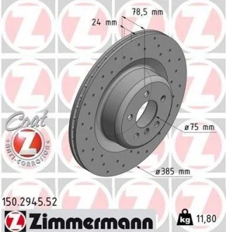 Диск тормозной задний, (385mm) BMW X5 (F15), X6 (F16) 14-19 (перфорированный) ZIMMERMANN 150.2945.52