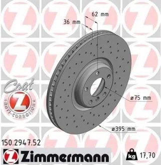 Диск тормозной передний левый, (395mm) BMW X5 (F15), X6 (F16) 14-19 (перфорированный) ZIMMERMANN 150.2947.52