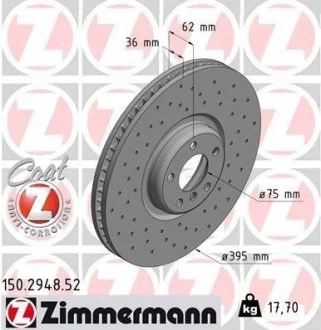 Диск тормозной передний правый, (395mm) BMW X5 (F15), X6 (F16) 14-19 (перфорированный) ZIMMERMANN 150.2948.52