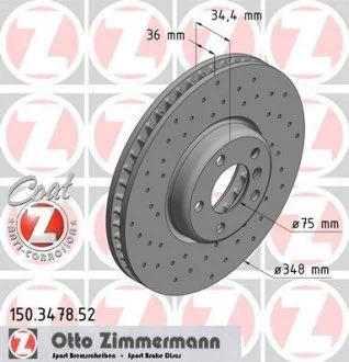Диск тормозной перед. левый BMW 5 (F07, F10, F11, F18), 6 (F12, F13, F06), 7 (F01, F02, F03, F04) 3.0/3.5/4.0D 09- ZIMMERMANN 150.3478.52