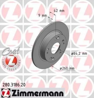 Гальмівний диск зад Honda Civic з 2006р.. (260x9) ZIMMERMANN 280318620